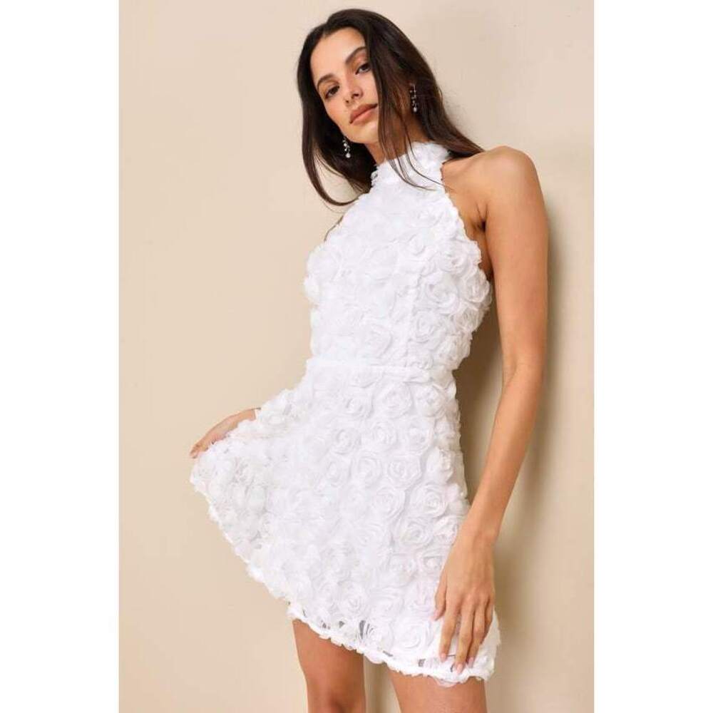 Lulus Beloved Blossoming White 3d Floral Halter Backless Mini Dress - Size M